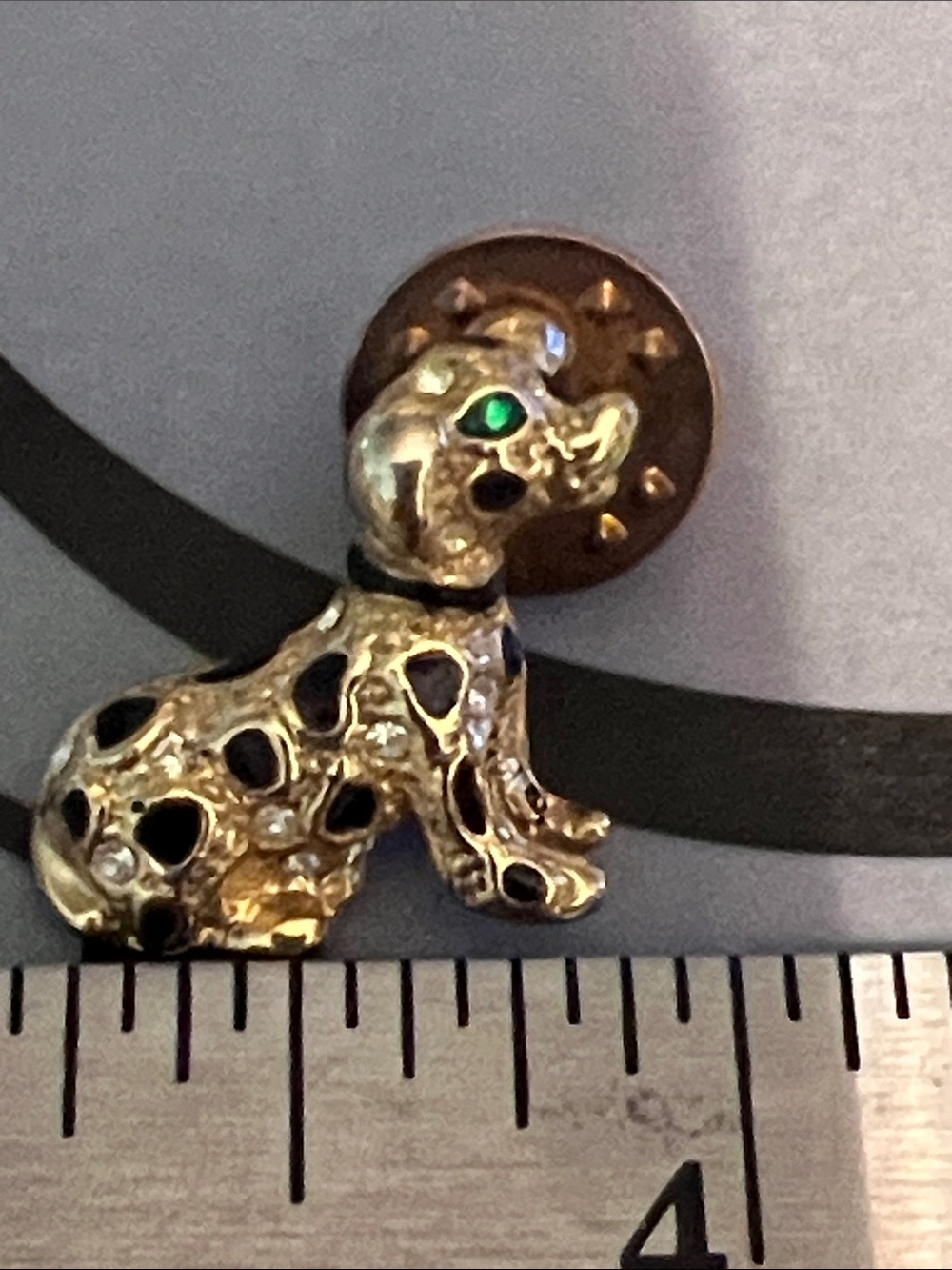 Gold-tone Dog Brooch Pin with Black Spots and Green Eye